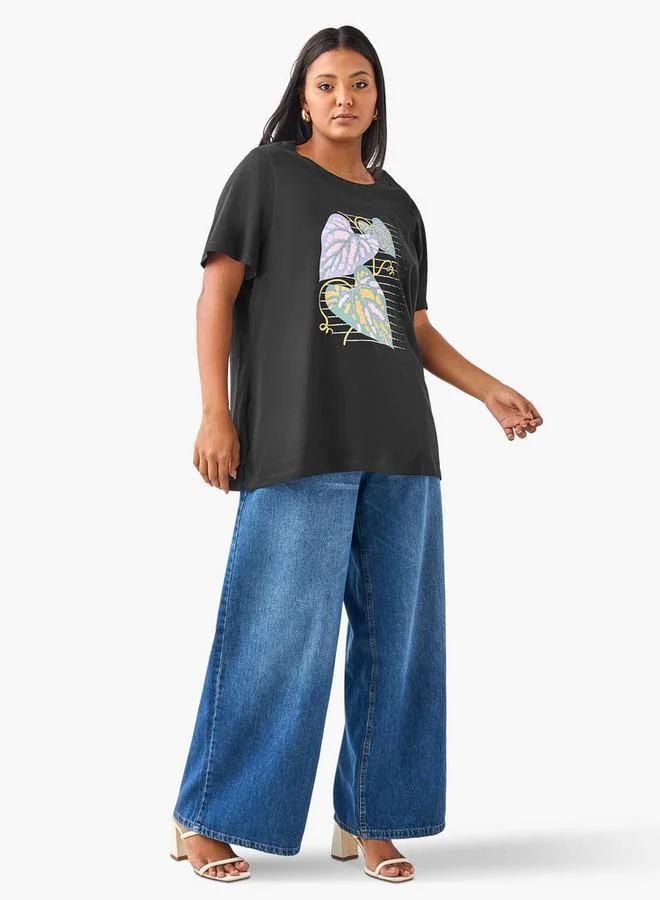 Ulla Popken Plus Size Ulla Popken Leaf Print T-Shirt